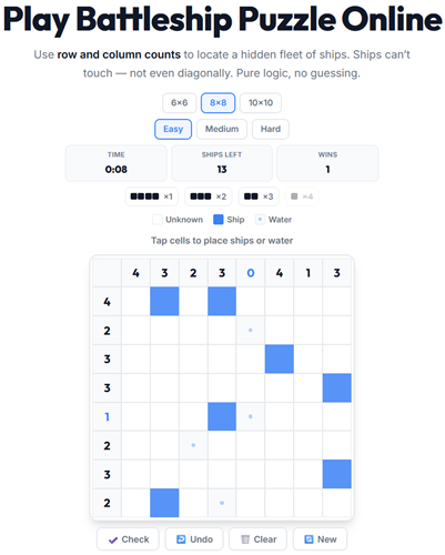 Battleship solitaire puzzle played online — locate a hidden fleet using row and column clues