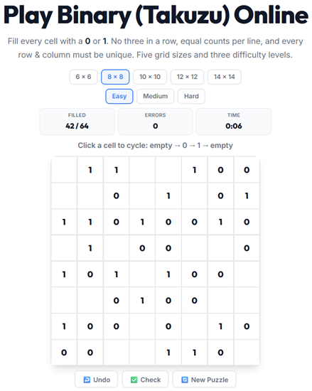 Takuzu binary puzzle played online — fill the grid with 0s and 1s following balance and sequence rules