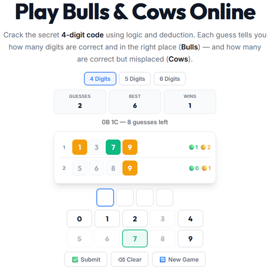 Bulls and Cows number guessing puzzle played online — deduce the secret number from bulls and cows feedback