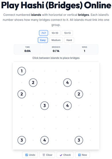 Hashi bridges puzzle played online — connect islands with bridges matching each island's number