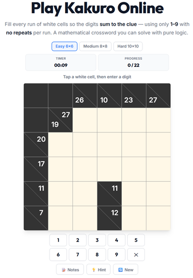 Kakuro number crossword puzzle played online — fill runs of cells so they sum to the clue
