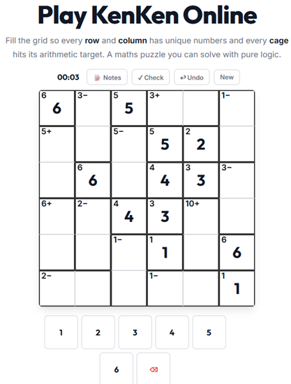 KenKen math puzzle played online — fill the grid using arithmetic cage clues