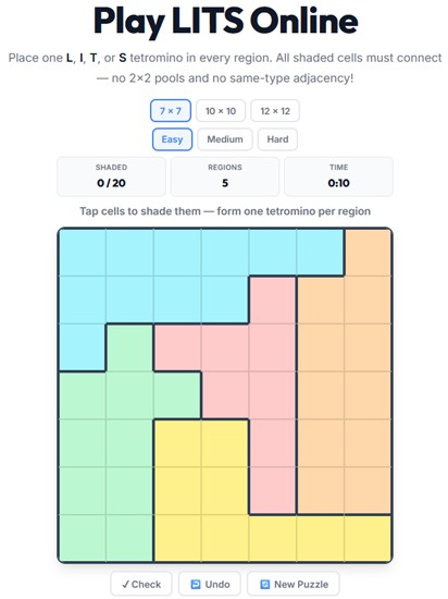 LITS tetromino puzzle played online — place one L, I, T, or S piece in each region