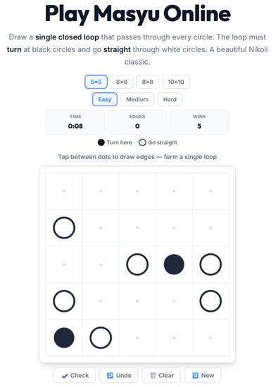 Masyu loop puzzle played online — draw a closed loop through black and white circles