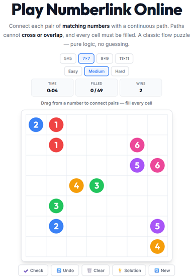 Numberlink path puzzle played online — connect matching number pairs with non-crossing paths