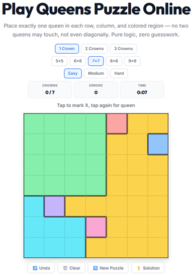 Queens puzzle played online — place one queen per row, column, and colored region with no touching