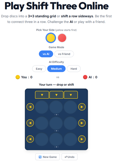 Shift Three sliding number puzzle played online — shift rows and columns to merge matching number tiles