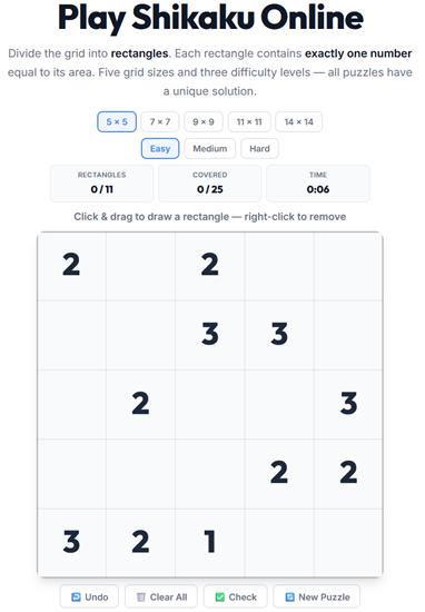 Shikaku rectangles puzzle played online — divide the grid into rectangles matching the number clues