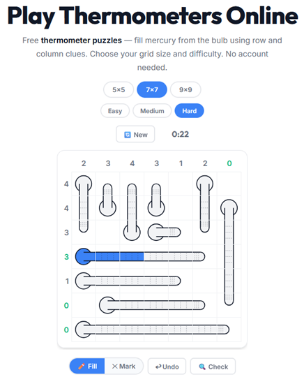 Thermometers logic puzzle played online — fill mercury from the bulb using row and column clues