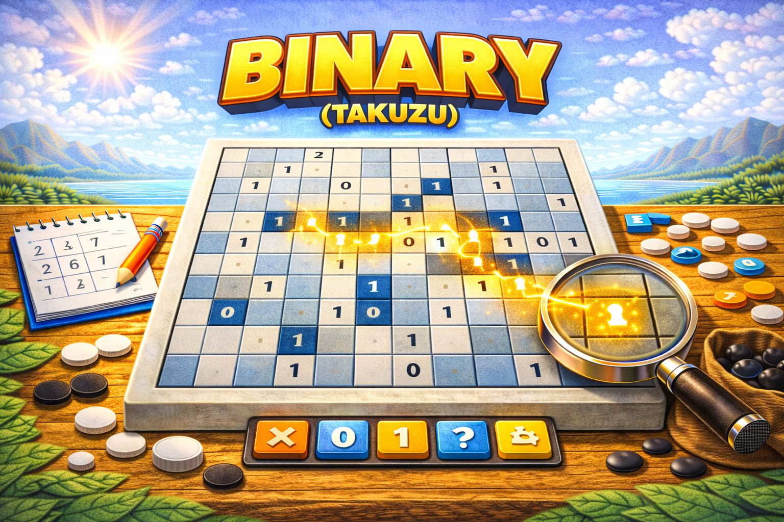 Binary puzzle game — fill the grid with zeros and ones following Takuzu rules