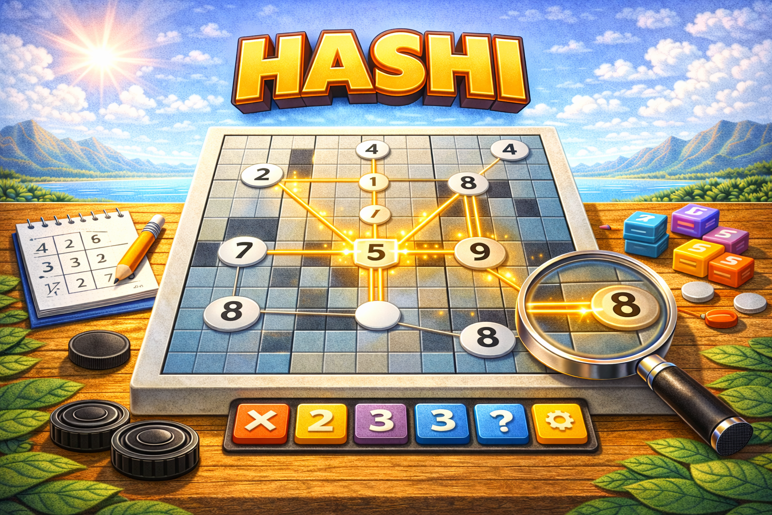 Hashi bridge puzzle — connect islands with the correct number of bridges