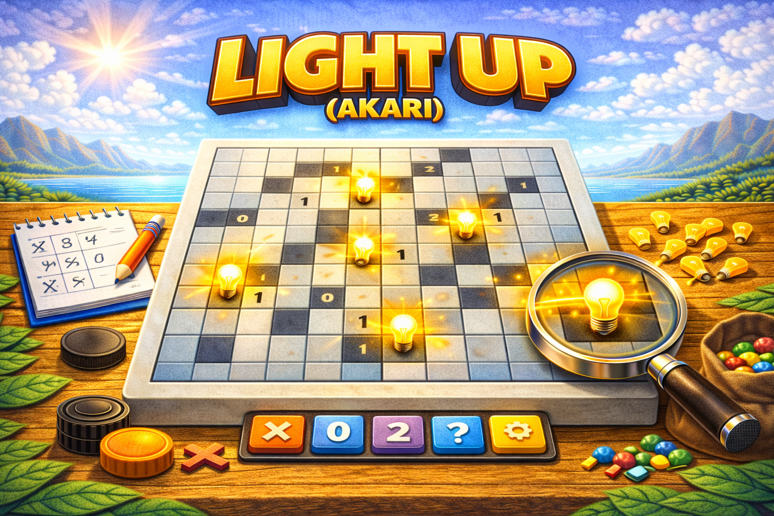 Light Up puzzle — place light bulbs to illuminate every cell without lights crossing