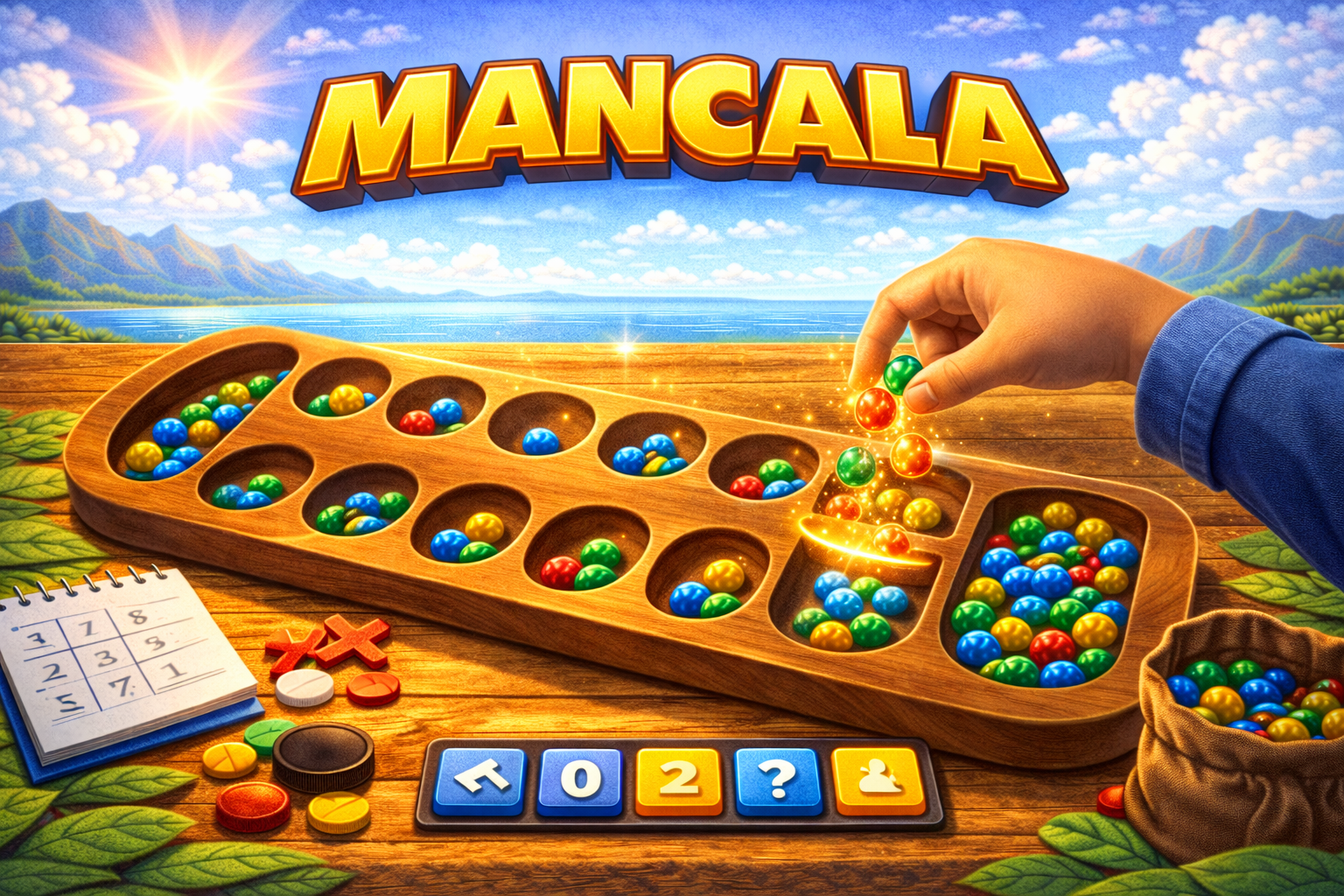 Mancala strategy game — sow seeds and capture stones to win this classic board game