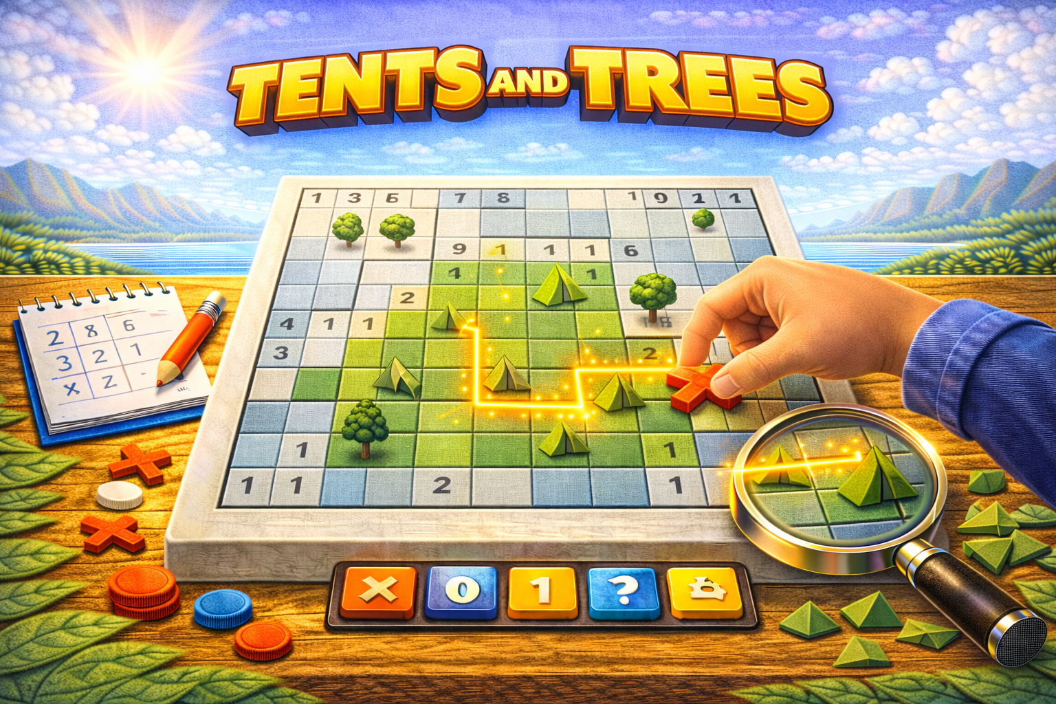 Tents and Trees puzzle — place tents adjacent to trees following row and column counts